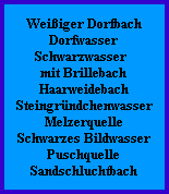 Weißiger Dorfbach
Dorfwasser
Schwarzwasser
mit Brillebach
Haarweidebach
Steingründchenwasser
Melzerquelle
Schwarzes Bildwasser
Puschquelle
Sandschluchtbach